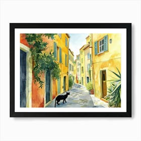 Nice, France   Cat In Street Art Watercolour Painting 2 Art Print