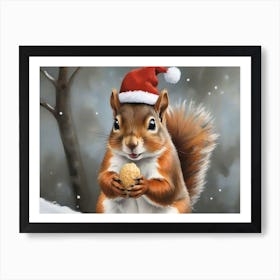 Squirrel In Santa Hat Art Print