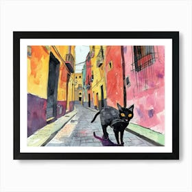 Black Cat In Napoli, Italy, Street Art Watercolour Painting 3 Art Print