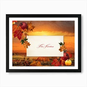 Autumn Themed Thank You Card Ornate Calligraphy Sweeping Across The Centre Leaves In Reds Golds (6) Art Print