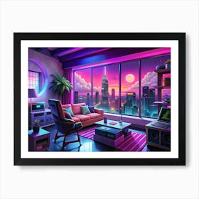 Modern Living Room With City View At Night Art Print