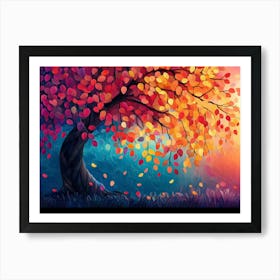 Elegant Colorful Tree With Vibrant Leaves Hanging Branches Illustration Background 2 Art Print