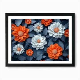 3d Colorful Flowers With Leaves Seamless Pattern, Orange And White Dahlia Flowers Painting Art Print