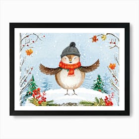 Sparrow Clad In A Festive Winter Outfit Dancing Atop A Perch Amidst A Snow Laden Woodland Sporting Art Print