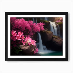 Vibrant Azalea Flowers Near A Waterfall Art Print