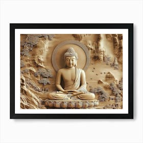 3d Hindu Ancient Religious Buddha Golden Artwork Art Print