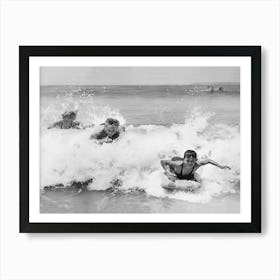 Surfers Catching Waves at the Beach, Vintage Black and White Old Photo Art Print