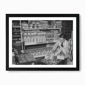 Grocery Store Clerk Places Loaves Of Bread On Display Racks, San Angelo, Texas By Russell Lee Art Print