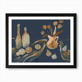 Tulips And Bottle - gray beige still life hand painted floral food kitchen art dining Art Print