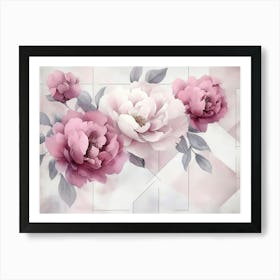 Beautiful 3d Watercolor Peonies in Rose Color with Geometrical Art Print