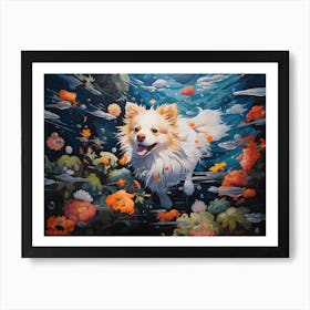 Pomeranian Dog Swimming In The Sea Art Print