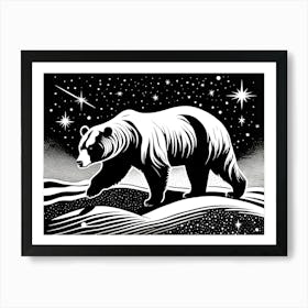 Bear In The Night Sky Lino cut art, animal art, 173 Art Print