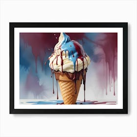 A Melting Ice Cream Cone With Blue, Red, And White Sauce Dripping Down The Sides Art Print