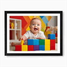 Baby Smiling Engaging With Vibrant Blocks Of Primary Colors Soft Focus Background Enhancing The Ch (6) Art Print