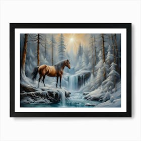 Horse In The Frozen Waterfall - Ai Art Print