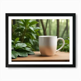 A White Coffee Mug Sits On A Wooden Table Surrounded By Lush Green Plants, With A Blurred Background Of A Forest Art Print