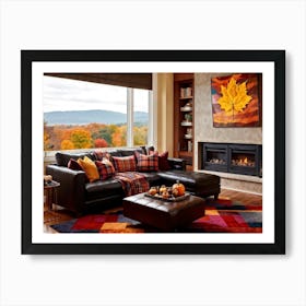 Cozy Autumn Living Room Vivid Colors Featuring Plaid Blankets Stretched Over A Leather Sofa A Pum Art Print