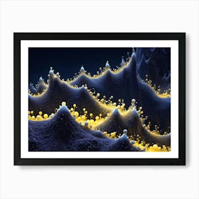 3d Abstract Landscape With Dark Blue Peaks Covered In Glistening White And Yellow Spheres, Creating A Surreal And Otherworldly Scene Art Print