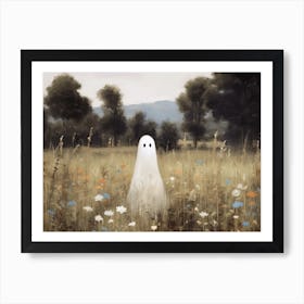 Cute Bedsheet Ghost In Flower Landscape Vintage Style, Halloween Spooky 7 Art Print