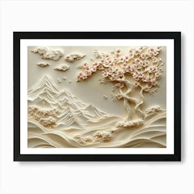 Beautiful Sakura Tree and Mountain 3d 5 Art Print