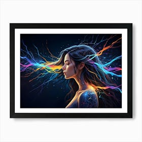 A Woman With Long, Dark Hair Is Surrounded By Swirling, Colorful Energy Streams, Representing Creativity, Inspiration, Or Spiritual Awakening Art Print