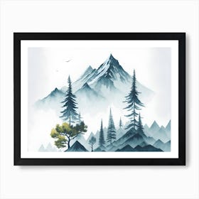 Mountain And Forest In Minimalist Watercolor Horizontal Composition 12 Art Print