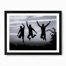 Silhouette Of Three Friends Jumping Art Print