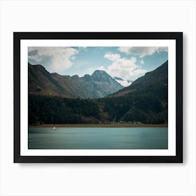 Mountain Lake And Sail Boat In Switzerland Art Print