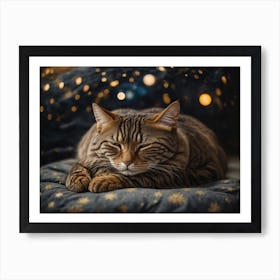 Sleeping Brown Tabby Cat Starry Night Art Print (1) Art Print