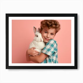 Boy Hugging Rabbit On Pink Background Art Print