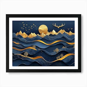 3d Dark Blue and Golden Wave Background Mountains, Golden Deer and Birds Art Print