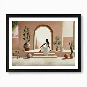 A Serene And Minimalistic Oil Painting Featuring A Woman With Dark Hair Poster