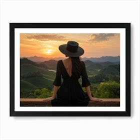 Evening View Of An Asian Woman Perched Solo On A Wooden Terrace Decked In A Summer Hat Her Black At (1) Art Print