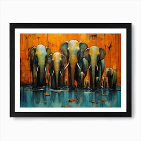 Elephants In Water Art Print