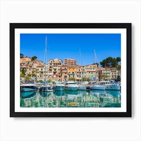 Boats yachts at marina harbor of Port de Soller on Mallorca island, Spain Mediterranean Sea Art Print