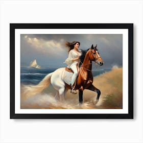 Woman Riding A Horse On The Beach Art Print