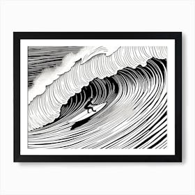 Surfer On A Beach Linocut Black And White Painting, into the water, surfing Art Print