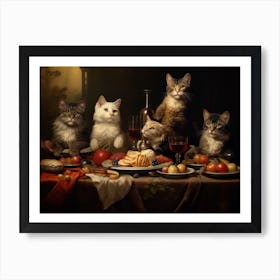 Medieval Cats Feasting With Wine Póster