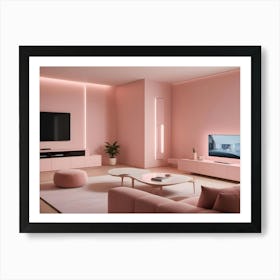 A Modern Living Room With A Pink Accent Wall, A White Sofa, And A White Armchair Art Print