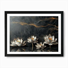 3d Lotus Flowers On A Black Granite Luxury Art Print