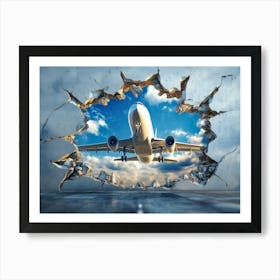 Illustration Of a Plane Taking Off Through a Hole in a Broken the Departure Art Print