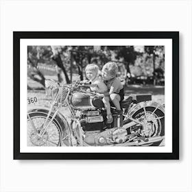 Two Boys On A Motorcycle, Vintage Black and White Old Photo 1 Art Print