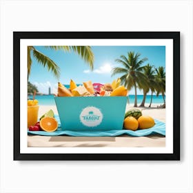 A Photo Of A Beach Scene With A Blue Picnic Basket Filled With Fresh Fruit, A Mango Smoothie, And Tropical Fruit Art Print