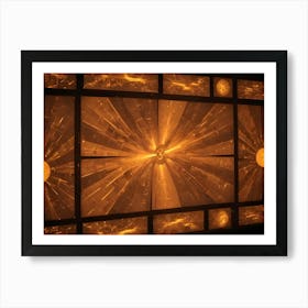 An Abstract, Geometric Pattern Of Overlapping Squares With Radiating Light In Shades Of Gold And Brown, Creating A Sense Of Depth And Complexity Art Print