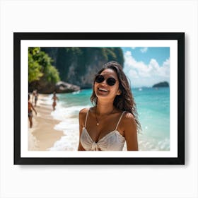 A Single Woman Embodying Leisure And Happiness Embarks On A Tropical Holiday To A Scenic Island In (6) Art Print