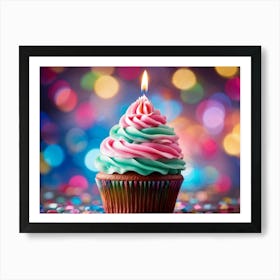 Cupcake With Vibrant Swirls Of Pink Blue And Green Frosting Single Lit Candle Atop Celebrating A Art Print