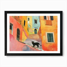 Black Cat In Napoli, Italy, Street Art Watercolour Painting 2 Art Print