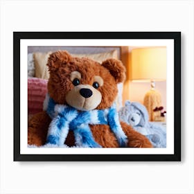 Close Up Of A Cozy Bear Wearing A Fluffy Scarf Snuggled Into A Plush Bed Details Accentuating The Art Print