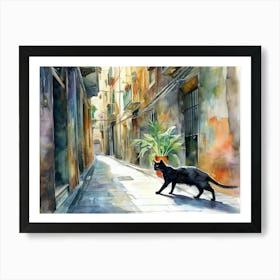 Black Cat In Palermo, Italy, Street Art Watercolour Painting 3 Art Print