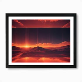 Abstract Digital Image Of A Room With Three Large Screens Displaying A Fiery, Red Sunset Over A Mountain Range, Creating A Dramatic And Futuristic Atmosphere Art Print